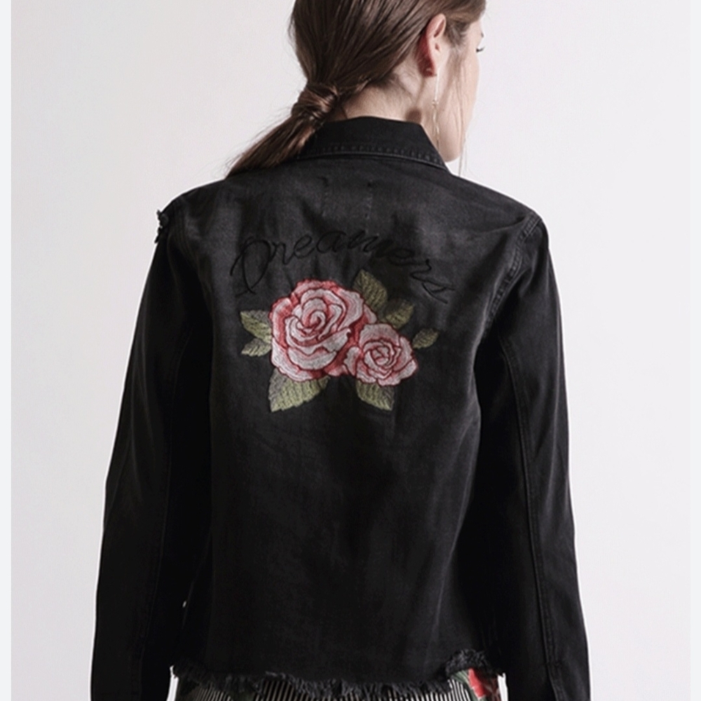 love tree Denim Black Jean Distressed with Floral Embroidery